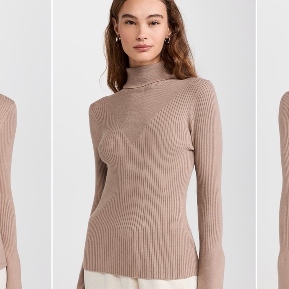 VARLEY Ravena Ribbed Knit High Neck Bell Sleeve Sweater Fungi Tan Women’s Medium - Picture 10 of 11